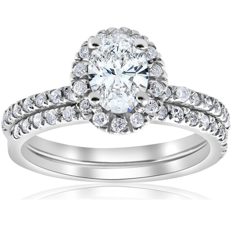 1 1/3 ct Oval Halo Diamond Engagement Wedding Ring Bridal Set 14k White Gold