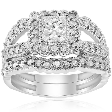 1 1/10ct Princess Cut Halo Diamond Engagement Ring 14K White Gold Vintage Antique