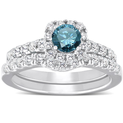 1 1/4ct Cushion Halo Blue Diamond Engagement Ring Wwedding Set 14K White Gold
