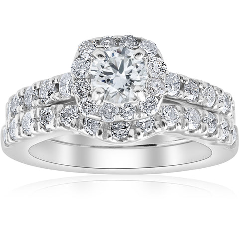 VS 1 1/10Ct TW Cushion Halo Engagement Wedding Ring Set 14k White Gold Lab Grown