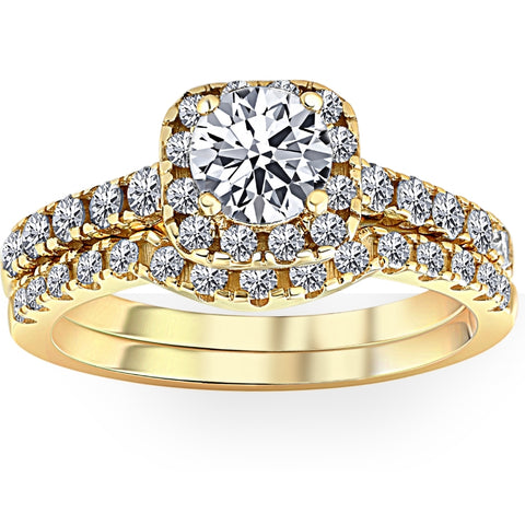1 1/2 Ct Diamond Cushion Halo Engagement Wedding Ring Set 10k Yellow Gold