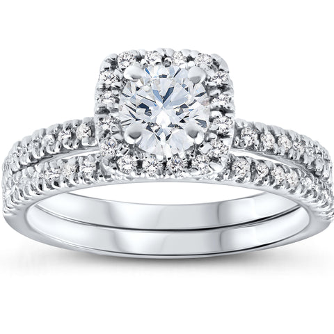 VS 5/8 Ct Lab Grown Diamond Cushion Halo Engagement Wedding Ring Set White Gold