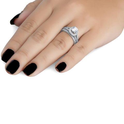1ct Halo Diamond Engagement Ring Set Split Shank Bridal Wedding 14K White Gold