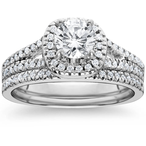 1ct Halo Diamond Engagement Ring Set Split Shank Bridal Wedding 14K White Gold