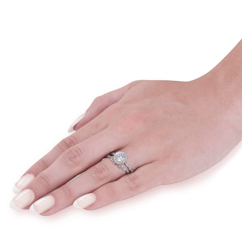 1 Cttw D VS2 Enhanced Halo Diamond Engagement Ring Set Round Cut 14K White Gold