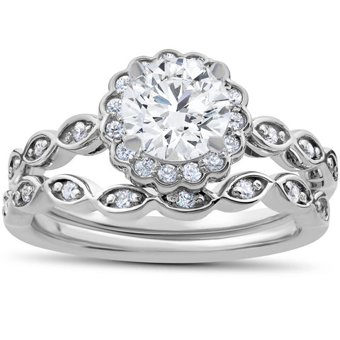 1 Carat D VS2 Enhanced Halo Diamond Engagement Ring Set Round Cut 14K White Gold