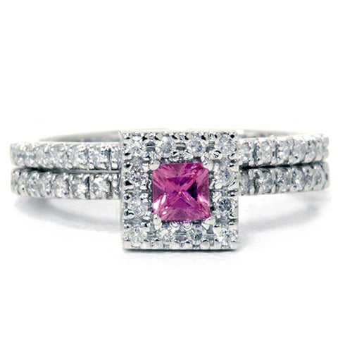 5/8ct Princess Cut Pink Sapphire & Diamond Engagement Wedding Ring Set 14K White Gold