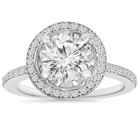 2 1/8Ct Halo Round Cut Diamond Engagement Ring 14K White Gold Clarity Enhanced
