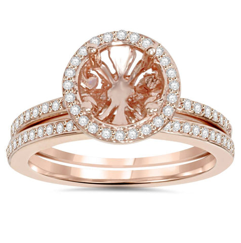 1/3Ct Rose Gold Halo Diamond Engagement Ring Setting & Wedding Band 14K 8mm ctr