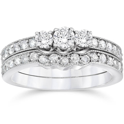 3/4ct Three Stone Vintage Diamond Engagement Wedding Ring Set 10K White Gold