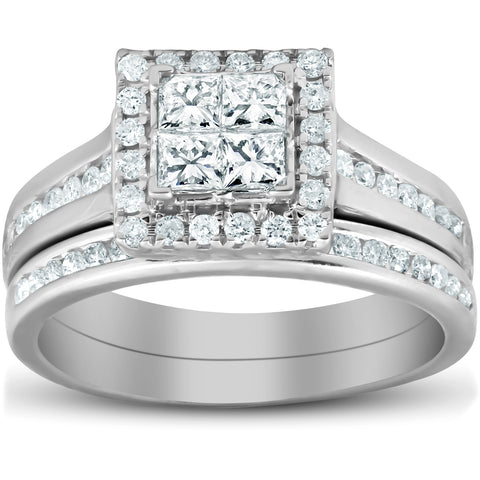 1 Ct TDW Princess Cut Halo Diamond Engagement Wedding Ring Set 10k White Gold