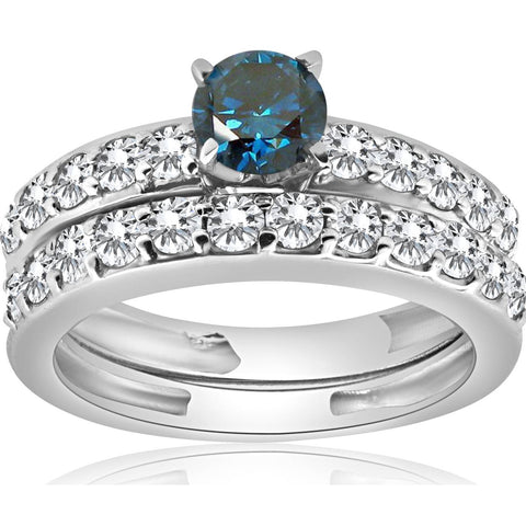 1 3/8Ct Blue Round Cut Diamond Matching Bridal Engagement Ring Set 14K White Gold