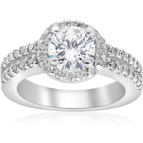 1 1/2ct Round Diamond Halo Double Row Engagement Ring 14K White Gold Enhanced