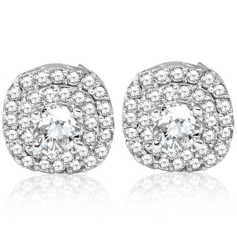 3/4ct Pave Double Cushion Halo Real Diamond Studs 10K White Gold