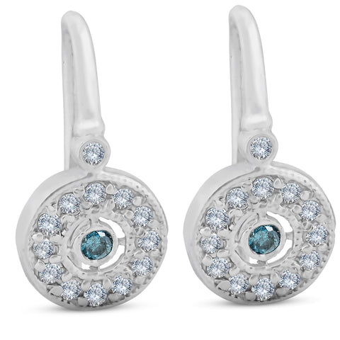 1/3ct Pave Diamond Blue & White Vintage Halo Earrings 10K White Gold 1/2" Tall