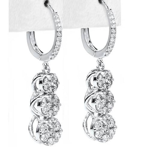 1ct Dangle Pave Diamond Earrings & Hoop 14K White Gold 1 1/4" Tall