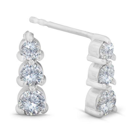 1/2ct 3 Stone Diamond Earrings 14K White Gold Womens Earrings 1/2" Tall