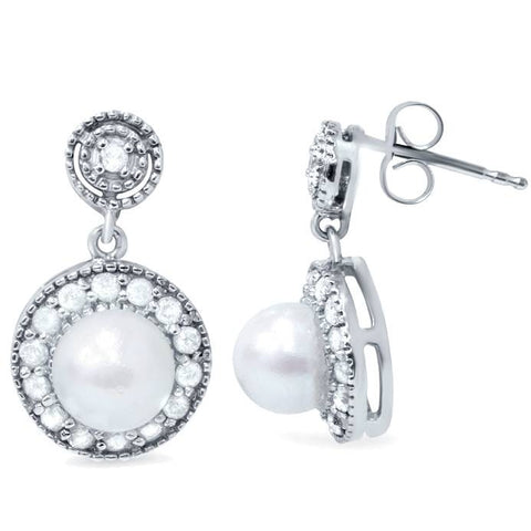 3/8ct Diamond & Pearl Vintage Gatsby Style Earrings 10K White Gold