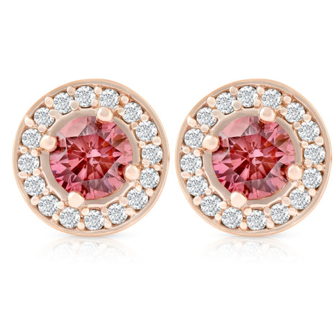 1/2Ct Lab Grown Pink Diamond Halo Screw Back Studs Rose Gold Earrings