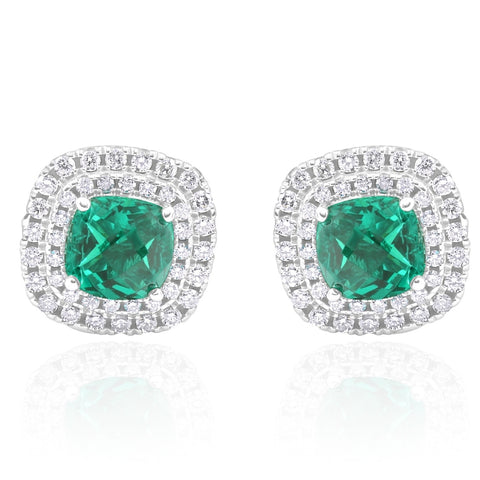 VS 4Ct TW Emerald & Lab Grown Diamond Cushion Halo Studs 14k White Gold