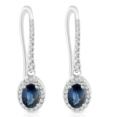 1 3/8ct Oval Blue sapphire & Diamond Halo Hoops Dangle Lever Back Earrings 18K
