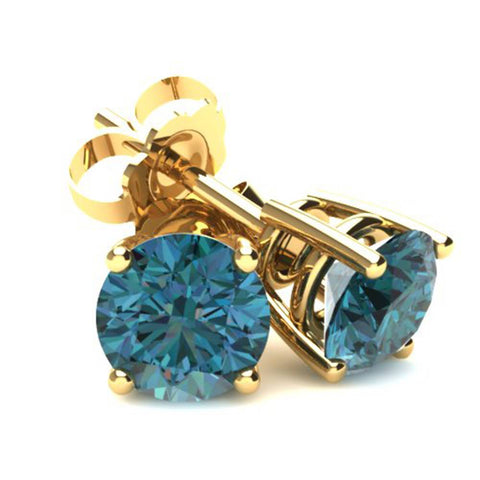 .33Ct Round Brilliant Cut Heat Treated Blue Diamond Stud Earrings In 14K Gold