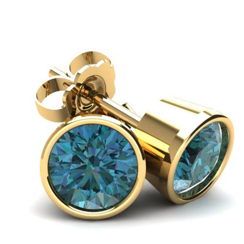 .85Ct Round Brilliant Cut Heat Treated Blue Diamond Stud Earrings In 14K Gold