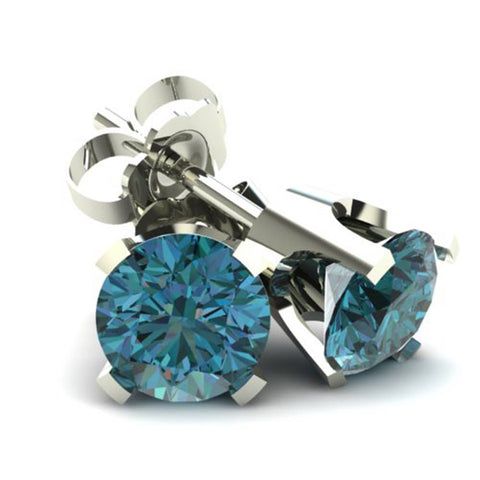 1.50Ct Round Brilliant Cut Heat Treated Blue Diamond Stud Earrings In 14K Gold