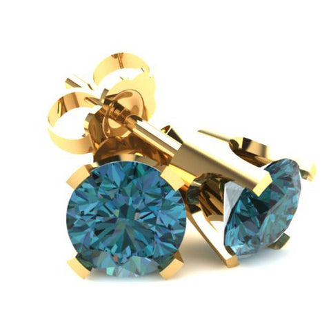 1.50Ct Round Brilliant Cut Heat Treated Blue Diamond Stud Earrings In 14K Gold