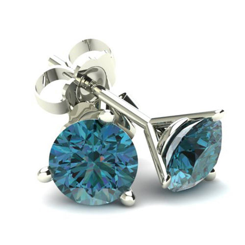 2.00Ct Round Brilliant Cut Heat Treated Blue Diamond Stud Earrings In 14K Gold