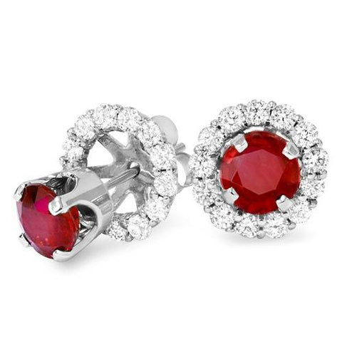 Women's 3/4ct Ruby Studs & Diamond Halo Earring  Jackets Solid 14k White Gold