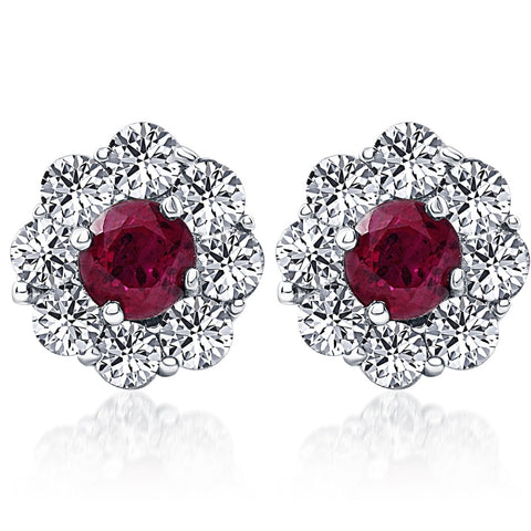 2 1/2ct Genuine Round Ruby & Diamond Halo Womens Studs Earrings 14K White Gold
