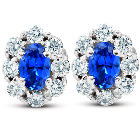 3 Ct Blue Sapphire & Diamond Halo Studs 14k White Gold