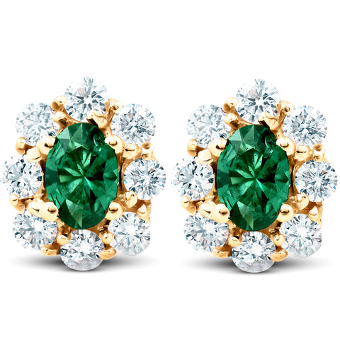 3 Ct Emerald & Diamond Halo Studs 14k Yellow Gold