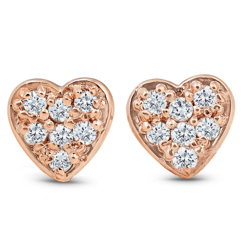 14K Rose Gold Natural Diamond Pave Petite Heart Studs Dainty High Polished 5.7MM