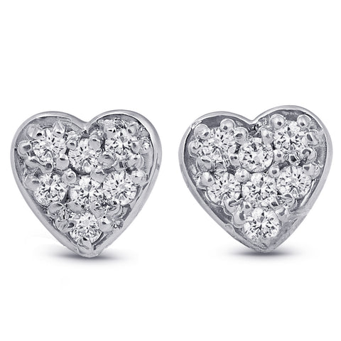 14K White Gold Diamond Pave Small Heart Studs Dainty High Polished 5.7MM