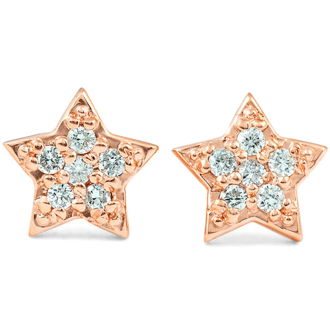 14K Rose Gold Diamond Pave Petite Star Studs Dainty High Polished 6.5MM