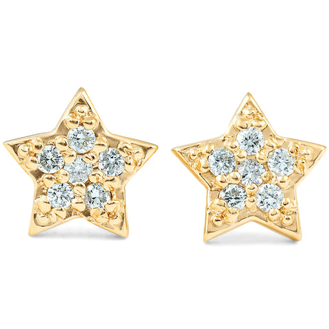 14K Yellow Gold Diamond Pave Petite Star Studs Dainty High Polished 6.5MM