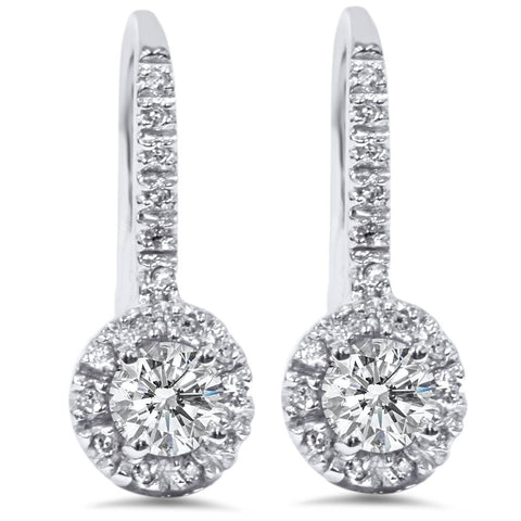 1ct Pave Halo Dangle Earrings 14K White Gold