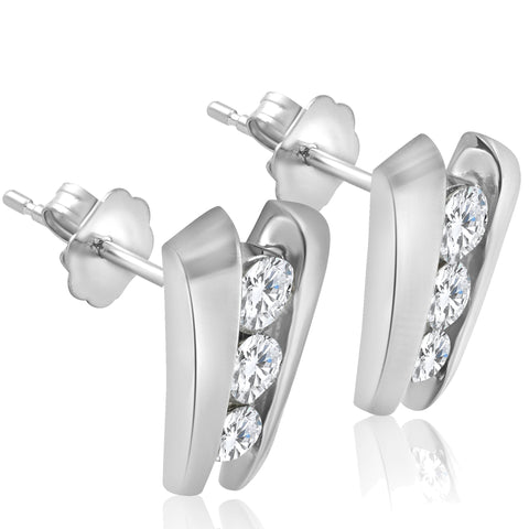 1 3/8 CT 3 Stone Diamond Earrings Studs 14K White Gold