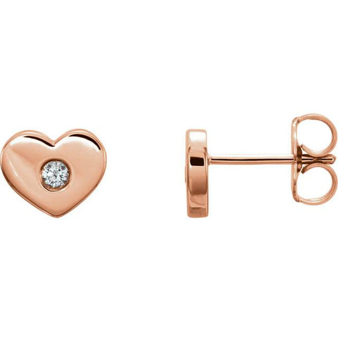 14K Rose Gold Diamond Solitaire Heart Studs Dainty High Polished 7mm