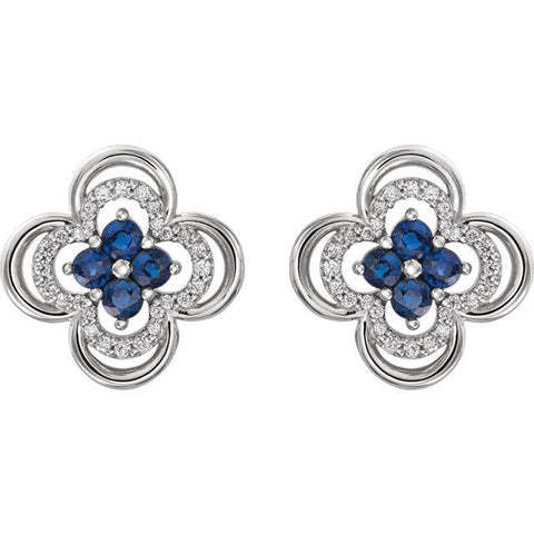 Genuine Blue Sapphire & Diamond .70 Ct Clover Studs Earrings 14K White Gold 1/2"