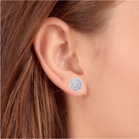 1ct Pave Diamond Double Halo Cluster Studs 10K White Gold