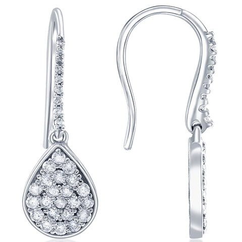 1 1/8ct Lab Created Diamond Hoops Dangle Pear Shape 18K White Gold 1 1/4" Tall