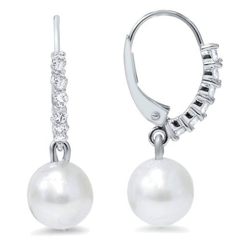 1/4ct Diamond Dangle Lever back Hoops & Pearl Earrings 14K White Gold