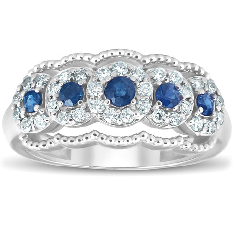 1ct Blue Sapphire & Diamond Vintage Anniversary Ring 14K White Gold
