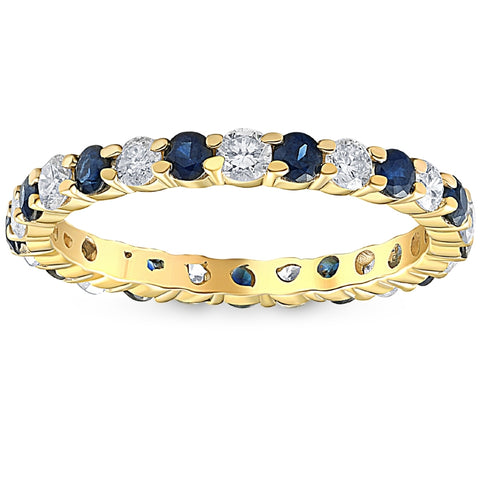 1 cttw Blue Sapphire Diamond Wedding Eternity Ring 10k Yellow Gold