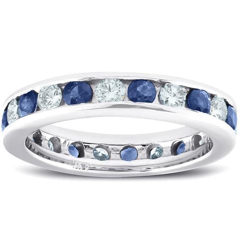 2ct Blue Sapphire & Diamond Channel Set Eternity Ring 14K White Gold