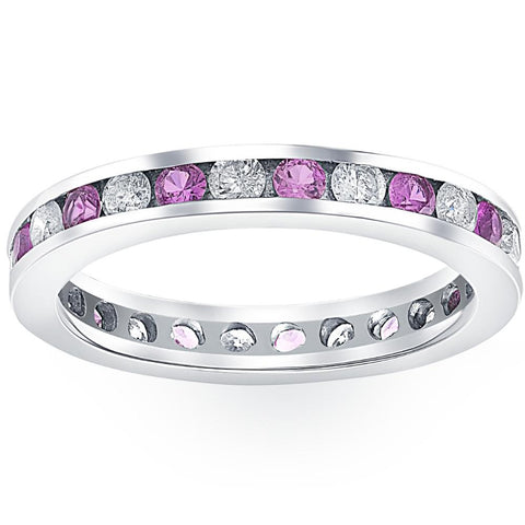 1 1/2ct Pink Sapphire & Diamond Eternity Ring Wedding Band Channel Set 14k Gold