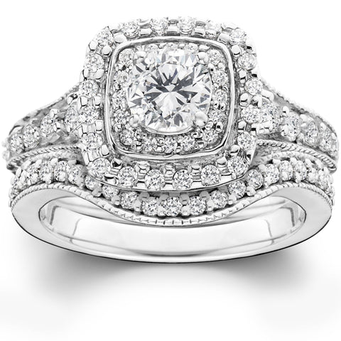 1 3/4ct Double Halo Vintage Style Engagement Wedding Ring Set 14K White Gold